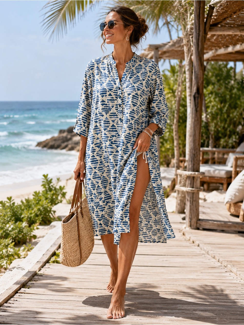 Utsa XL Cotton Beach Coverup Caftan Coastal Boho Resort Tunic Dress